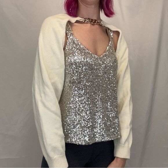 REVOLVE Bubish Women's Ava Bolero Top Shrug Sweater Ivory Cream Faux Gold Chain - Picture 1 of 10